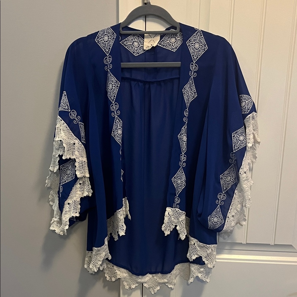 Pins and Needles Sheer Kimono with White Embroidery M